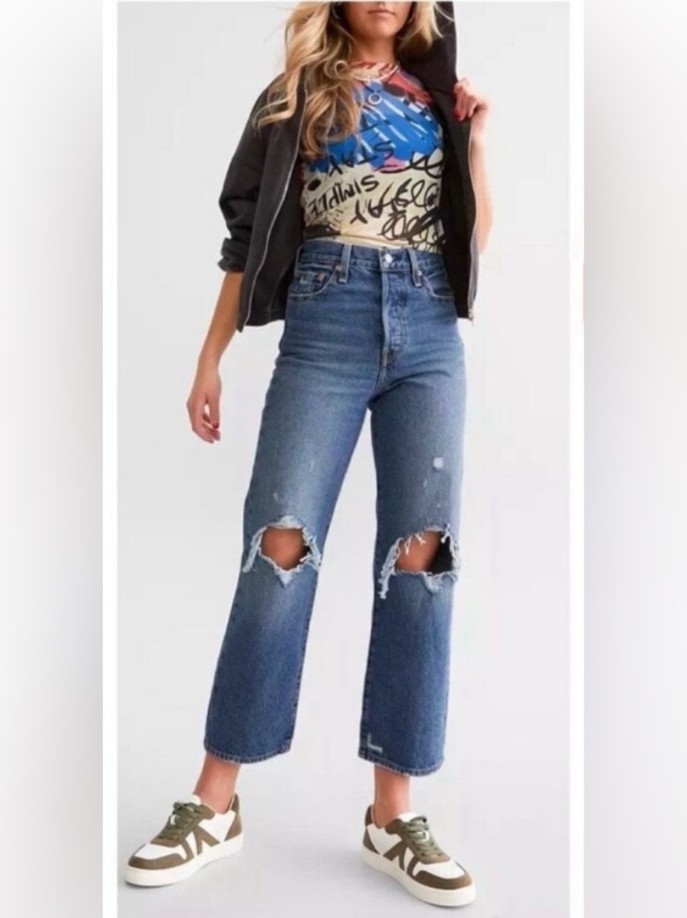 Levi's High-Rise Distressed Straight Jeans - Blue - Picture 1 of 8